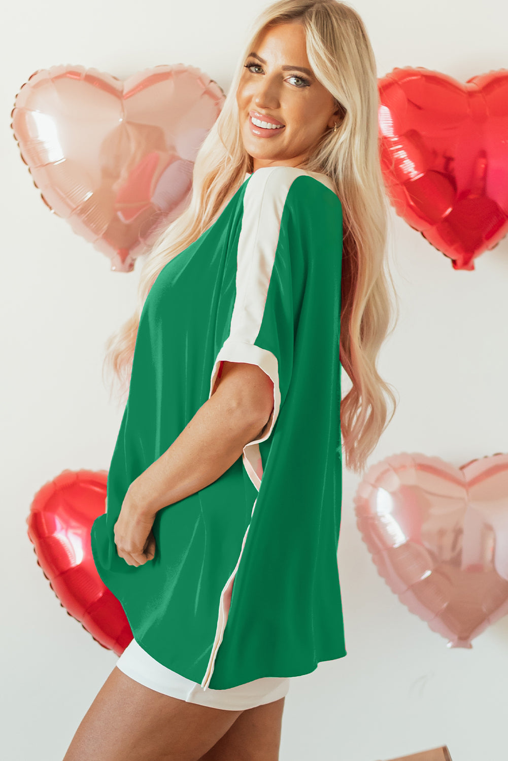 Green Oversized Color Block Boat Neck Tunic Blouse Blouses & Shirts JT's Designer Fashion