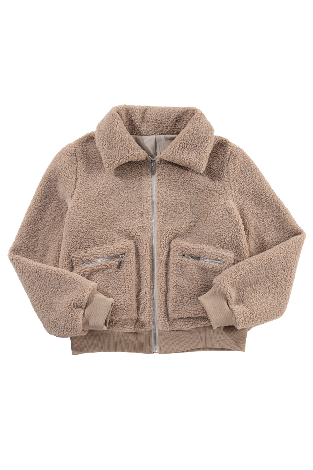 Light French Beige Zipper Pocketed Winter Fuzzy Jacket Jackets JT's Designer Fashion