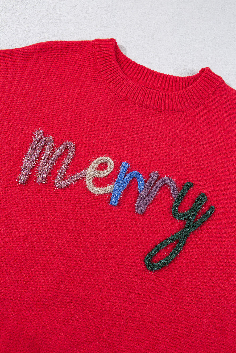 Fiery Red Tinsel Merry Letter Drop Shoulder Baggy Sweater Sweaters JT's Designer Fashion