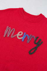 Fiery Red Tinsel Merry Letter Drop Shoulder Baggy Sweater Sweaters JT's Designer Fashion