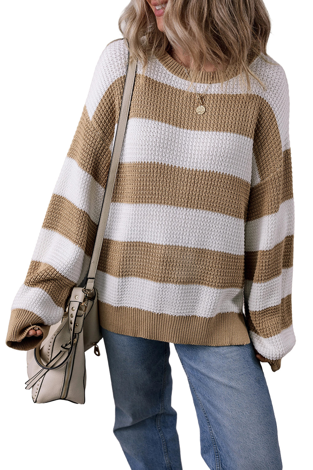 Light French Beige Colorblock Striped Drop Shoulder Side Slit Sweater Sweaters JT's Designer Fashion