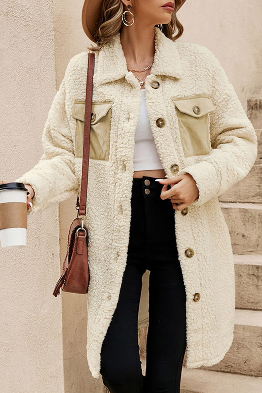 Beige Contrast Flap Pocket Single Breasted Teddy Coat Beige 100%Polyester Coats JT's Designer Fashion
