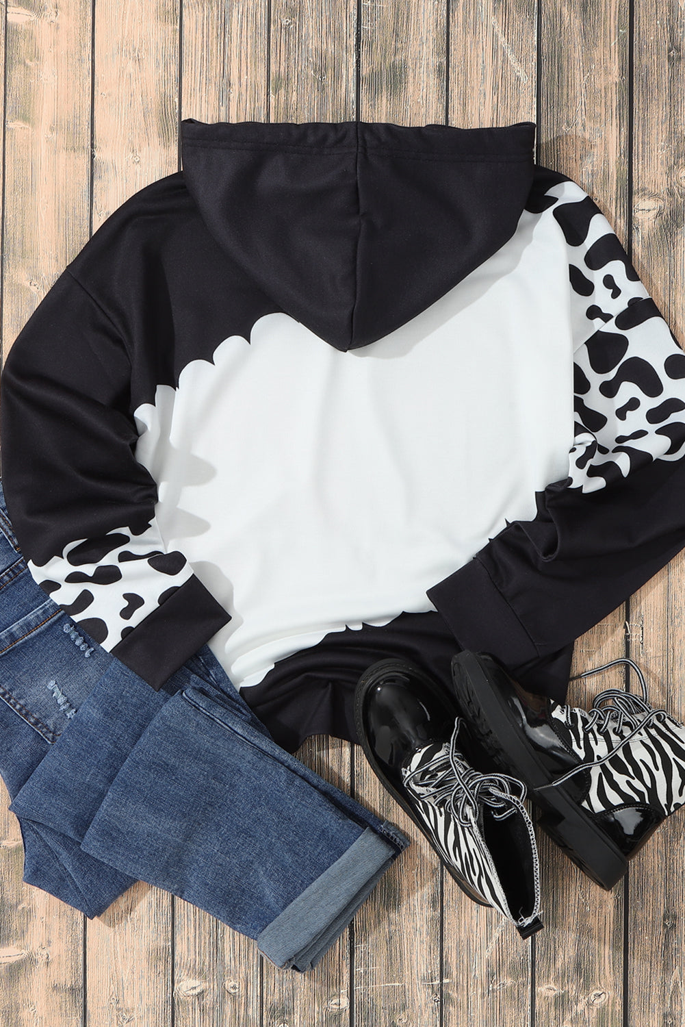 Black Cow Tie Dye Print Pocketed Drawstring Pullover Hoodie Sweatshirts & Hoodies JT's Designer Fashion