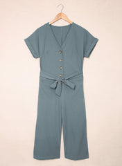 Blue Dolman Button Belted V Neck Wide Leg Pocketed Jumpsuit Jumpsuits & Rompers JT's Designer Fashion