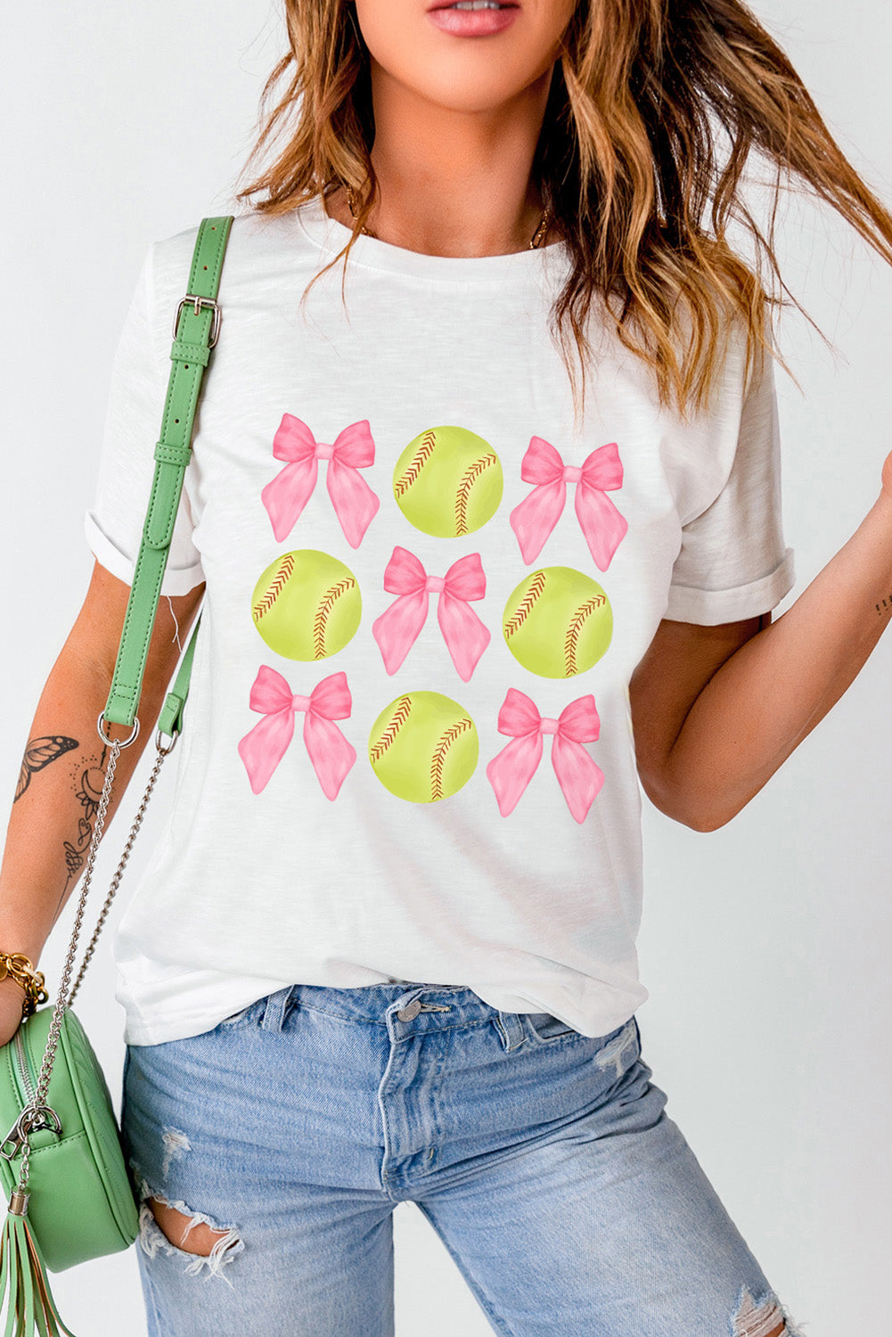 White Bow Tie Baseball Print Round Neck Casual Tee Graphic Tees JT's Designer Fashion
