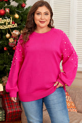 Strawberry Pink Pearled Decor Raglan Sleeve Plus Size Sweater Strawberry Pink 50%Viscose+28%Polyester+22%Polyamide Plus Size Sweaters & Cardigans JT's Designer Fashion