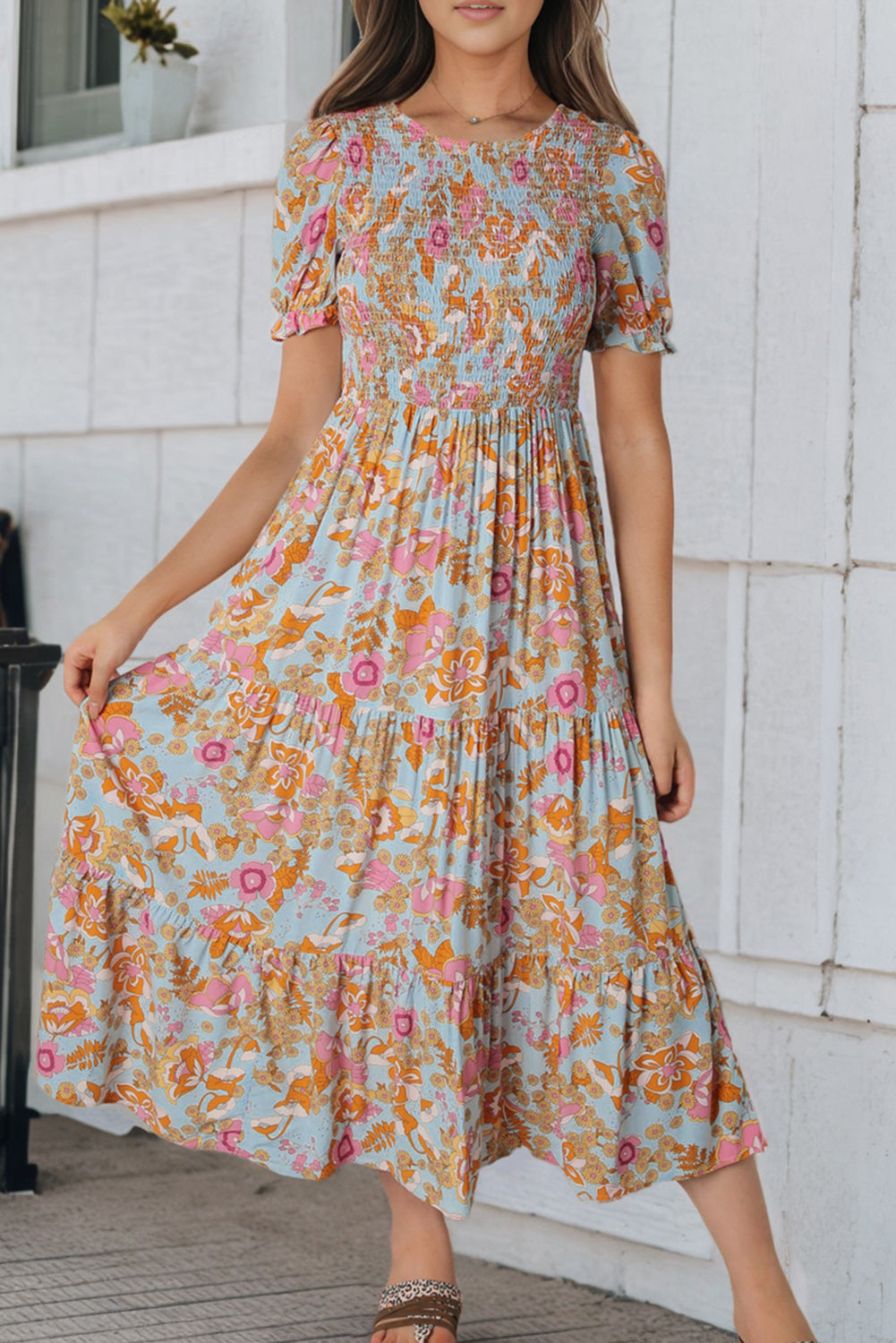 Sky Blue Floral Bubble Sleeve Smocked Flowy Ruffle Dress Floral Dresses JT's Designer Fashion