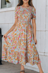 Sky Blue Floral Bubble Sleeve Smocked Flowy Ruffle Dress Floral Dresses JT's Designer Fashion