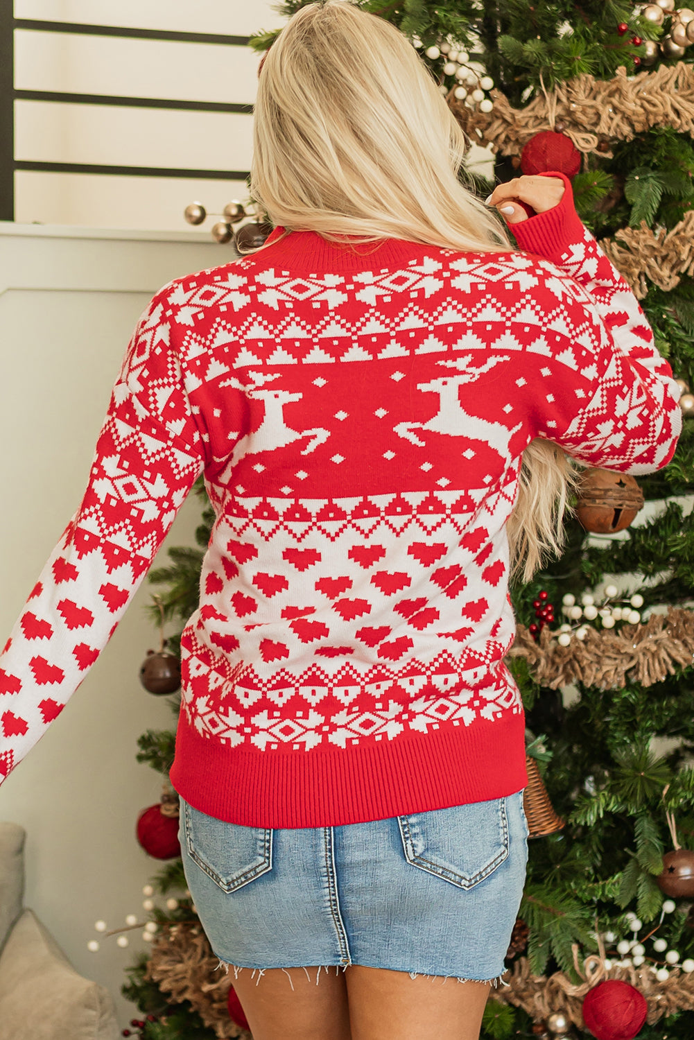 Fiery Red Merry Christmas Reindeer Heart Pattern High Neck Sweater Sweaters JT's Designer Fashion