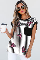 Black Stripe Sequined Lobster Patched Pocket Casual Tank Top Graphic Tees JT's Designer Fashion