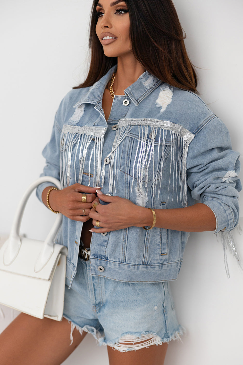 Sky Blue Sequin Embellished Fringe Distressed Denim Jacket Denim Jackets JT's Designer Fashion