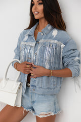 Sky Blue Sequin Embellished Fringe Distressed Denim Jacket Denim Jackets JT's Designer Fashion