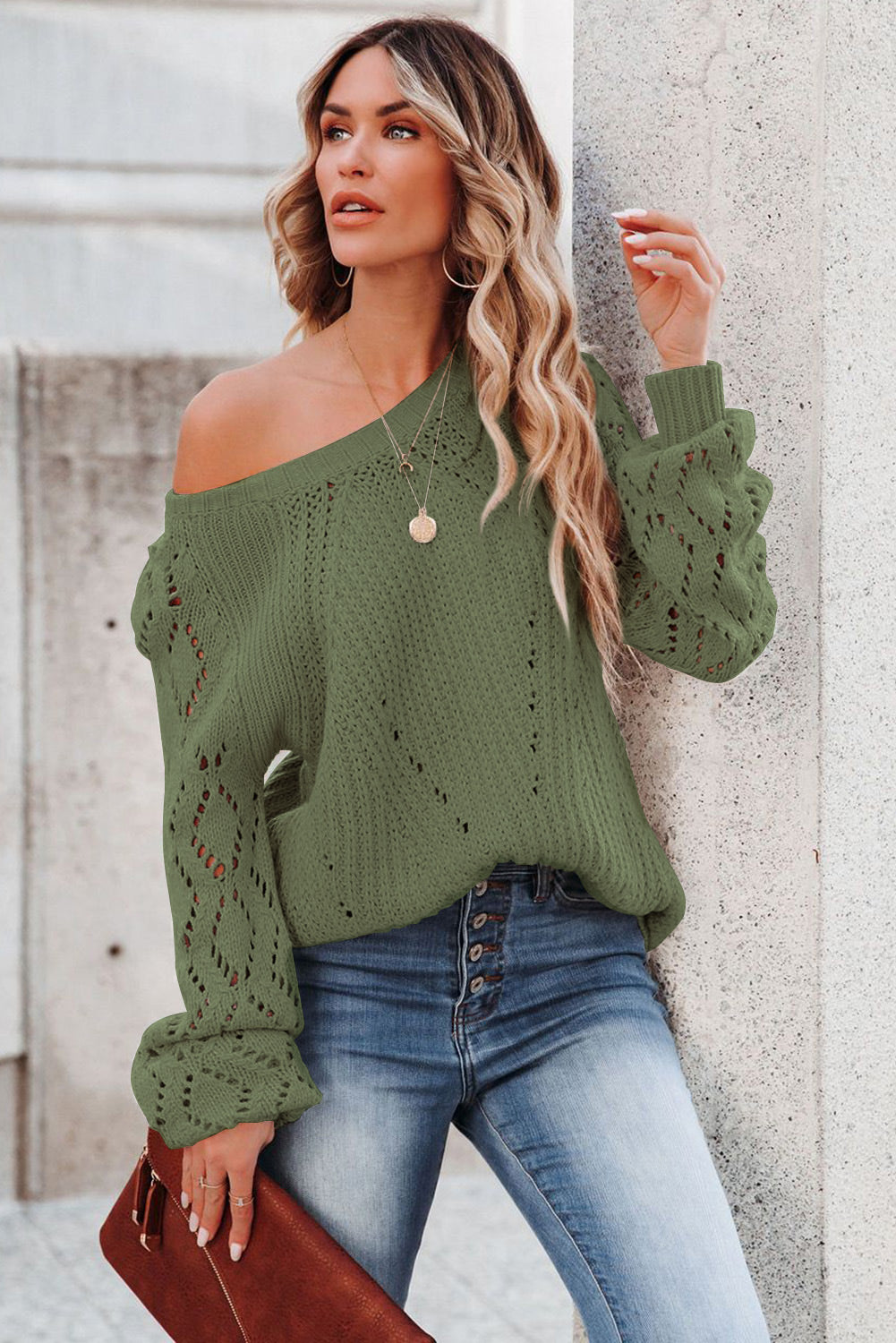 Green Hollow-out Puffy Sleeve Knit Sweater Sweaters JT's Designer Fashion