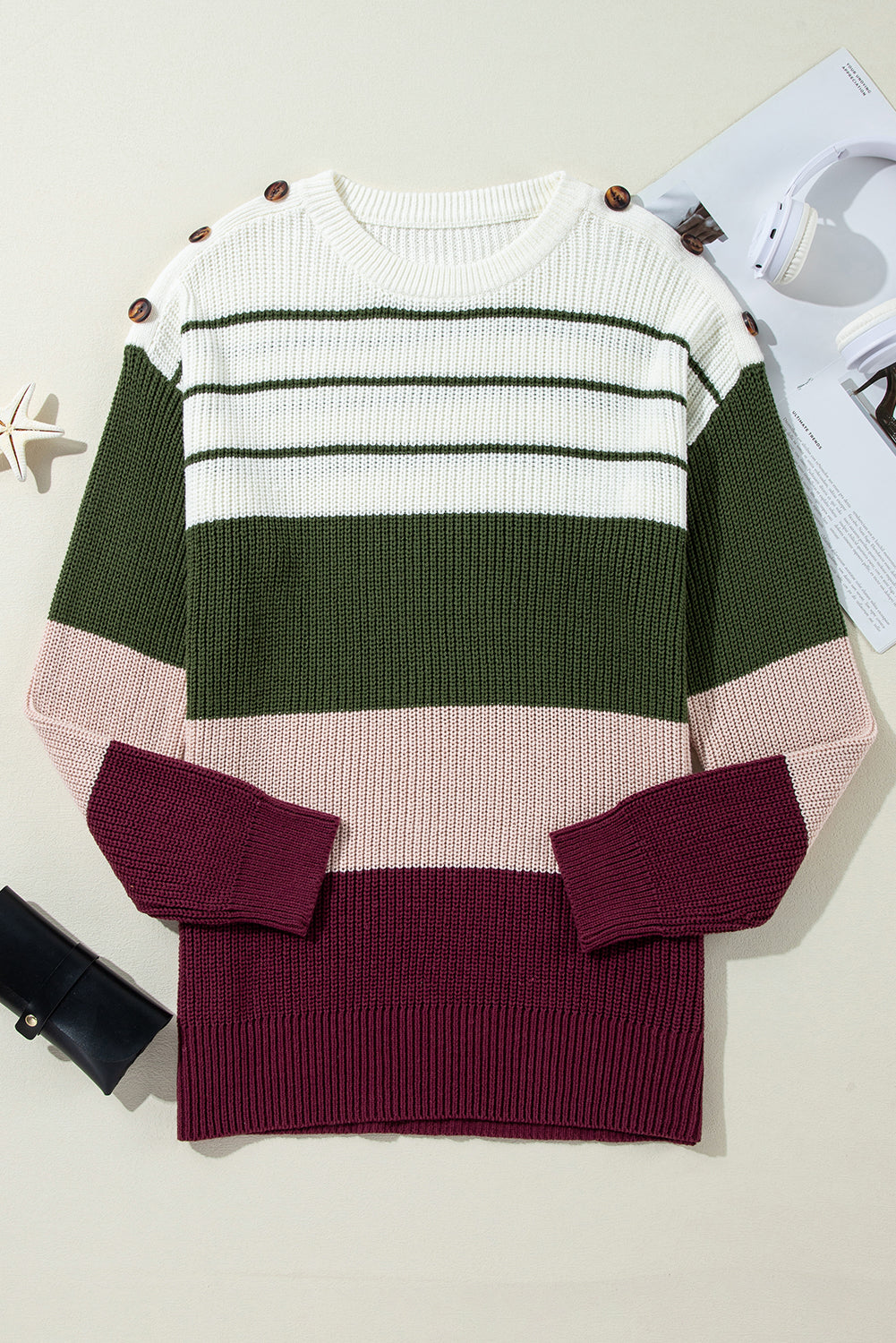 Green Color Block Striped Buttoned Shoulder Split Sweater Sweaters JT's Designer Fashion