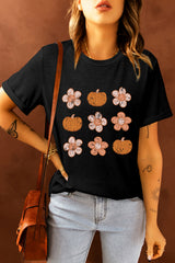 Black Pumpkin Flower Print Short Sleeve Graphic Top Graphic Tees JT's Designer Fashion