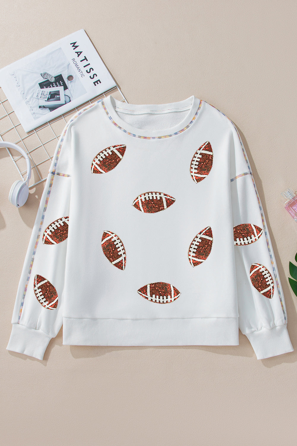 White Sequin Rugby Football Pattern Exposed Seam Game Day Sweatshirt Graphic Sweatshirts JT's Designer Fashion
