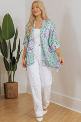 White Boho Floral Printed Rhinestone 3/4 Sleeve Open Front Kimono Kimonos JT's Designer Fashion