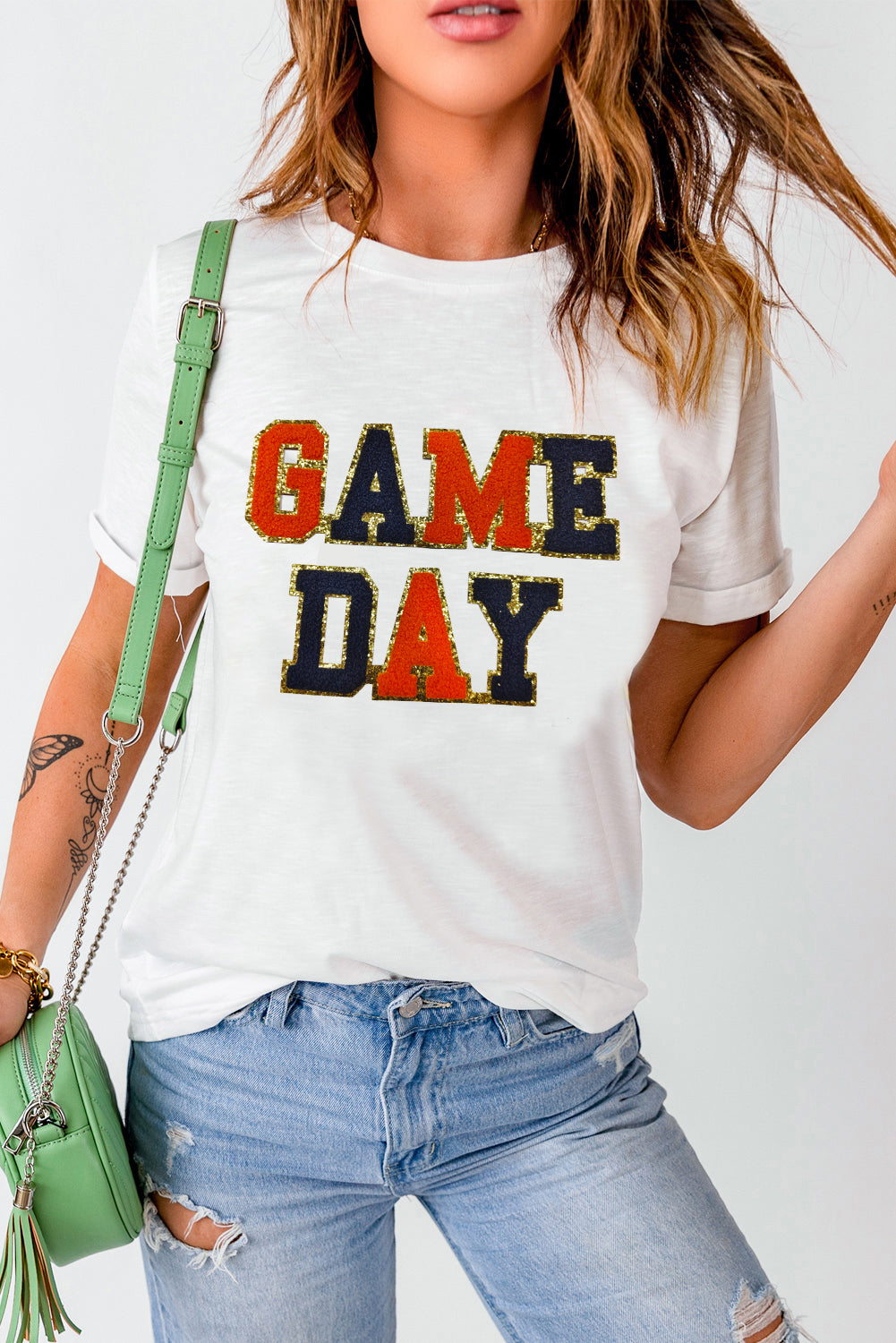 White Glitter GAME DAY Rugby Football Season Round Neck T Shirt Graphic Tees JT's Designer Fashion