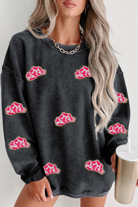 Black Glittering Cowboy Hat Patched Corded Pullover Sweatshirt Black 100%Polyester Graphic Sweatshirts JT's Designer Fashion