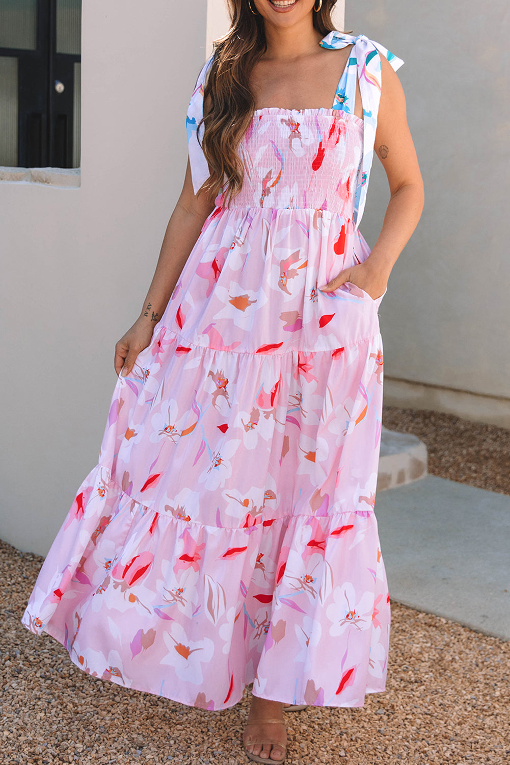 Pink Floral Print Knotted Shoulder Smocked Maxi Dress Floral Dresses JT's Designer Fashion