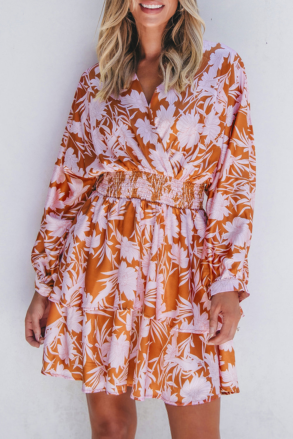 Brown Floral Puff Sleeve Smocked Waist Layered Dress Floral Dresses JT's Designer Fashion
