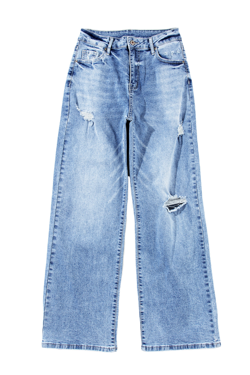 Light Blue High Rise Distressed Straight Leg Jeans Jeans JT's Designer Fashion