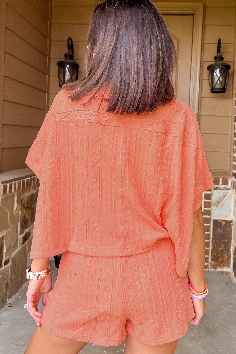 Pale Chestnut Textured Patched Pocket Short Sleeve Top Drawstring Shorts Set Short Sets JT's Designer Fashion