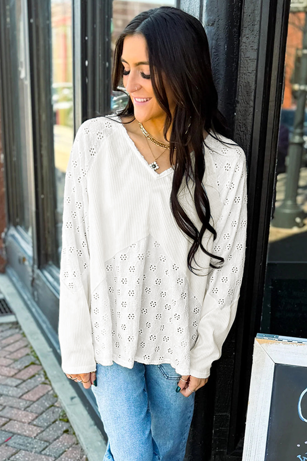 White Twisted Rib Patchwork Embroidered Loose V Neck Long Sleeve Top Blouses & Shirts JT's Designer Fashion