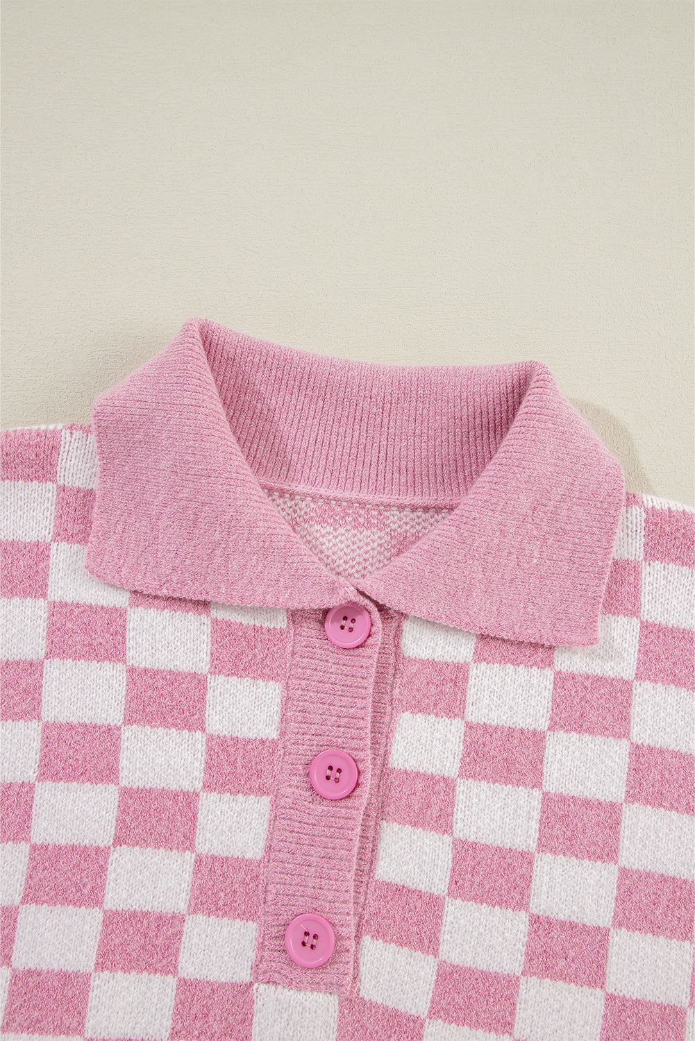 Pink Checkered Buttons Collar V Neck Drop Shoulder Sweater Sweaters JT's Designer Fashion
