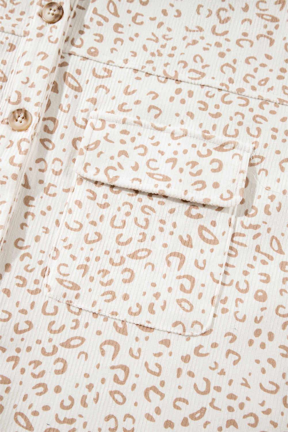 Beige Leopard Print Flap Pockets Buttoned Corduroy Shacket Jackets JT's Designer Fashion