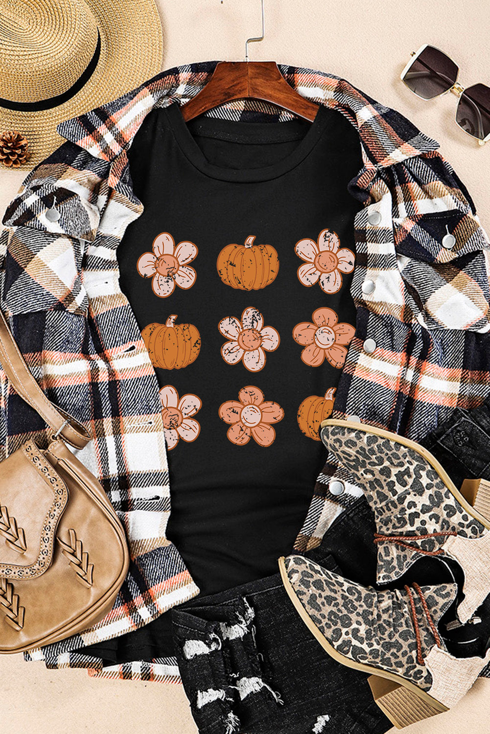 Black Pumpkin Flower Print Short Sleeve Graphic Top Graphic Tees JT's Designer Fashion