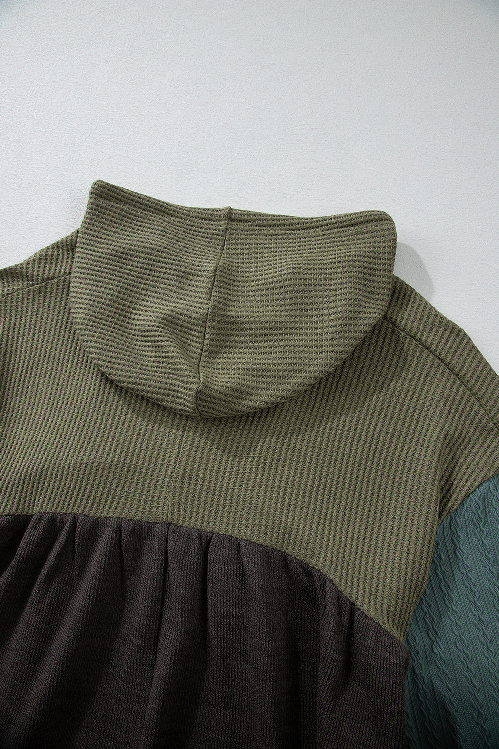 Laurel Green Mixed Textured Colorblock Patchwork Wide Sleeve Frayed High Low Hooded Top Long Sleeve Tops JT's Designer Fashion