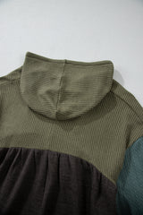Laurel Green Mixed Textured Colorblock Patchwork Wide Sleeve Frayed High Low Hooded Top Long Sleeve Tops JT's Designer Fashion
