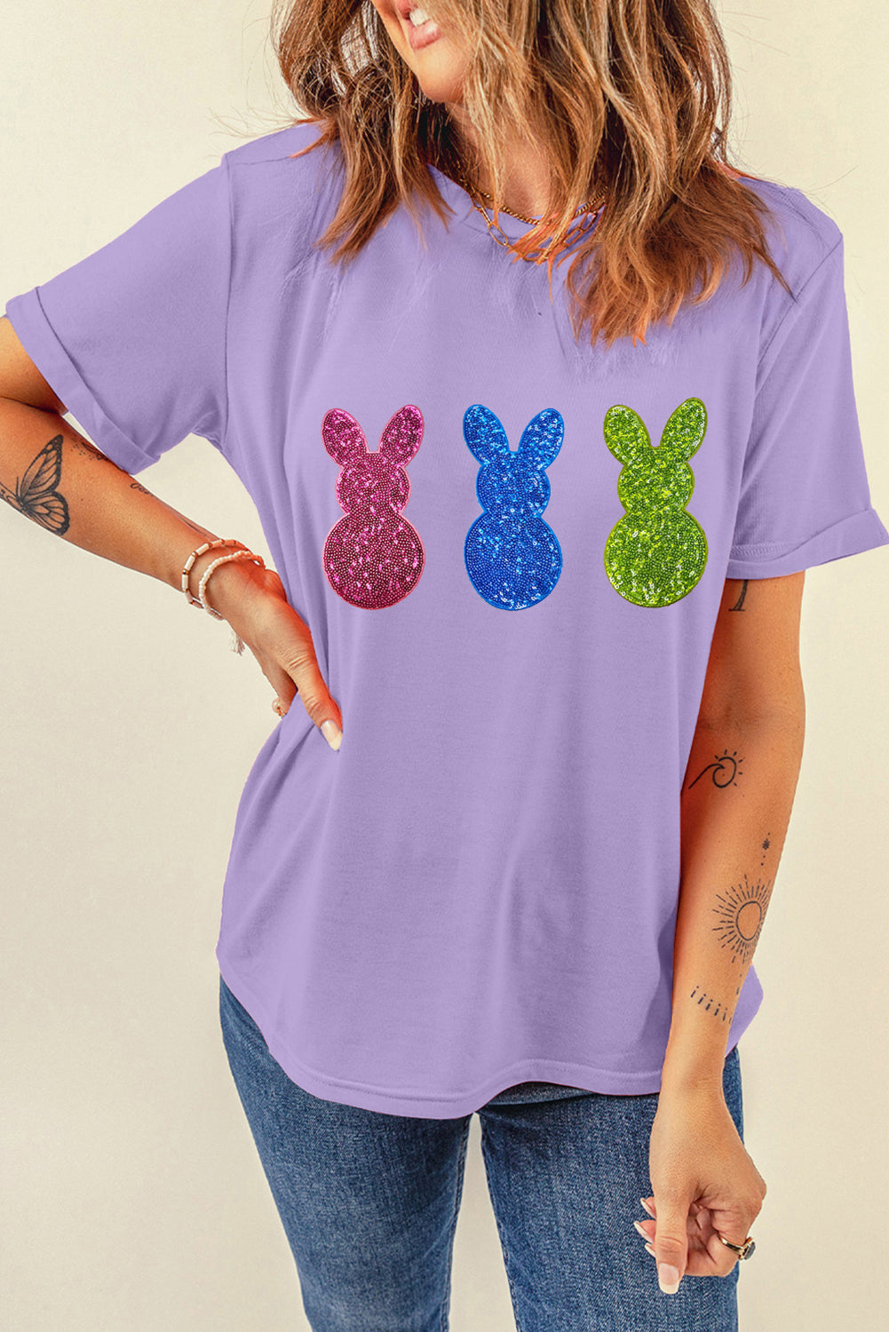 Wisteria Easter Shiny Bunny Graphic Crewneck T Shirt Graphic Tees JT's Designer Fashion
