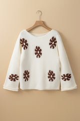 White Colorblock Floral Pattern Round Neck Sweater Sweaters JT's Designer Fashion