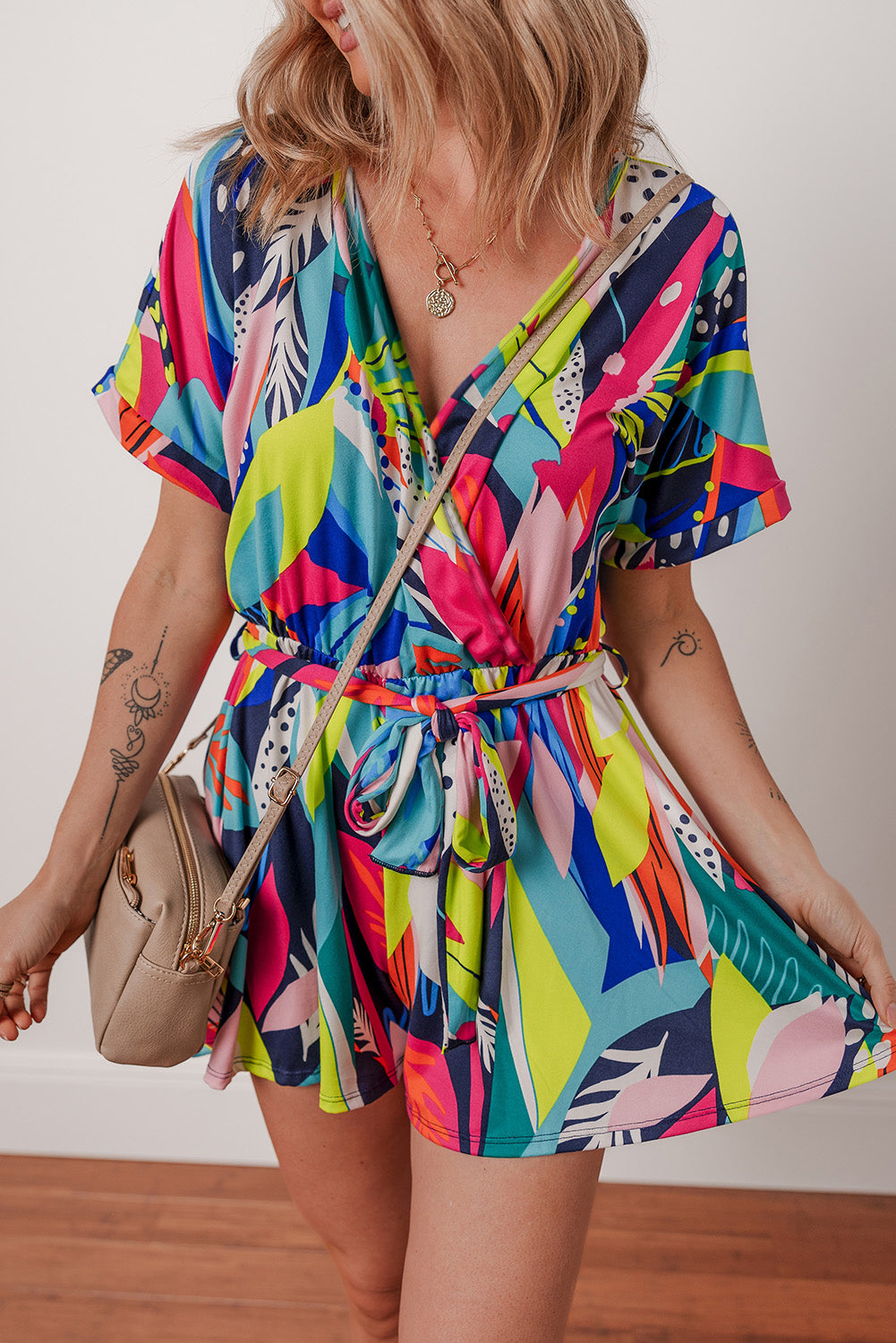Multicolour Tropical Printed Surplice Neck Tie Waist Romper Jumpsuits & Rompers JT's Designer Fashion