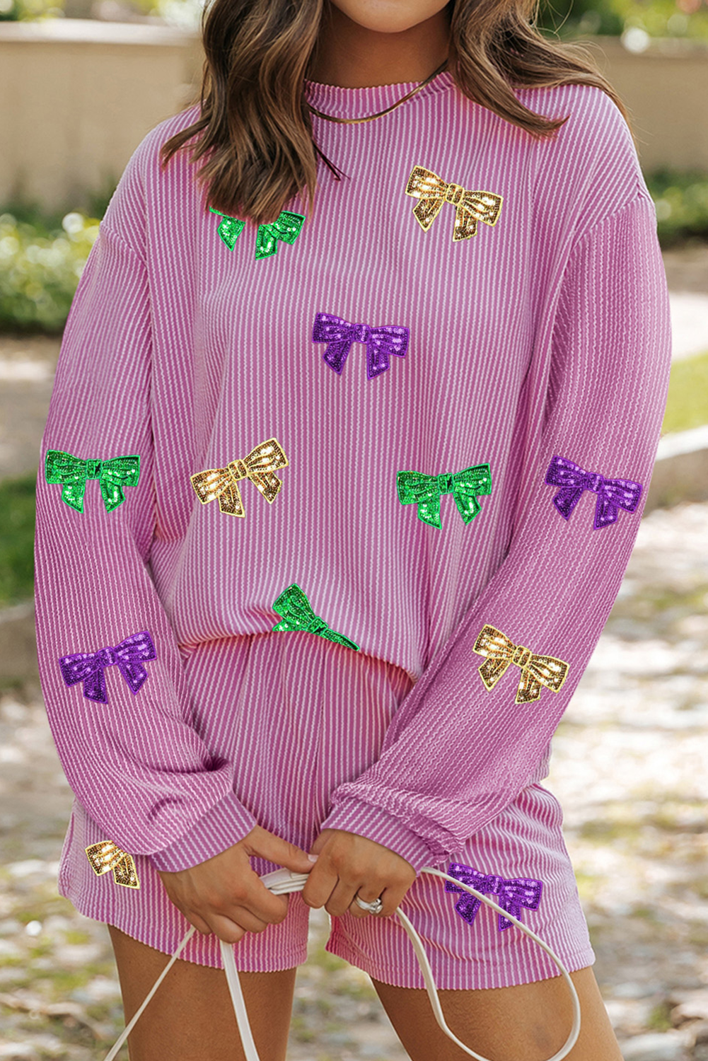 Phalaenopsis Bowknot Patched Pattern Corded Long Sleeve Top and Shorts Outfit Phalaenopsis 75%Polyester+20%Viscose+5%Elastane Graphic Sets JT's Designer Fashion