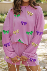 Phalaenopsis Bowknot Patched Pattern Corded Long Sleeve Top and Shorts Outfit Phalaenopsis 75%Polyester+20%Viscose+5%Elastane Graphic Sets JT's Designer Fashion