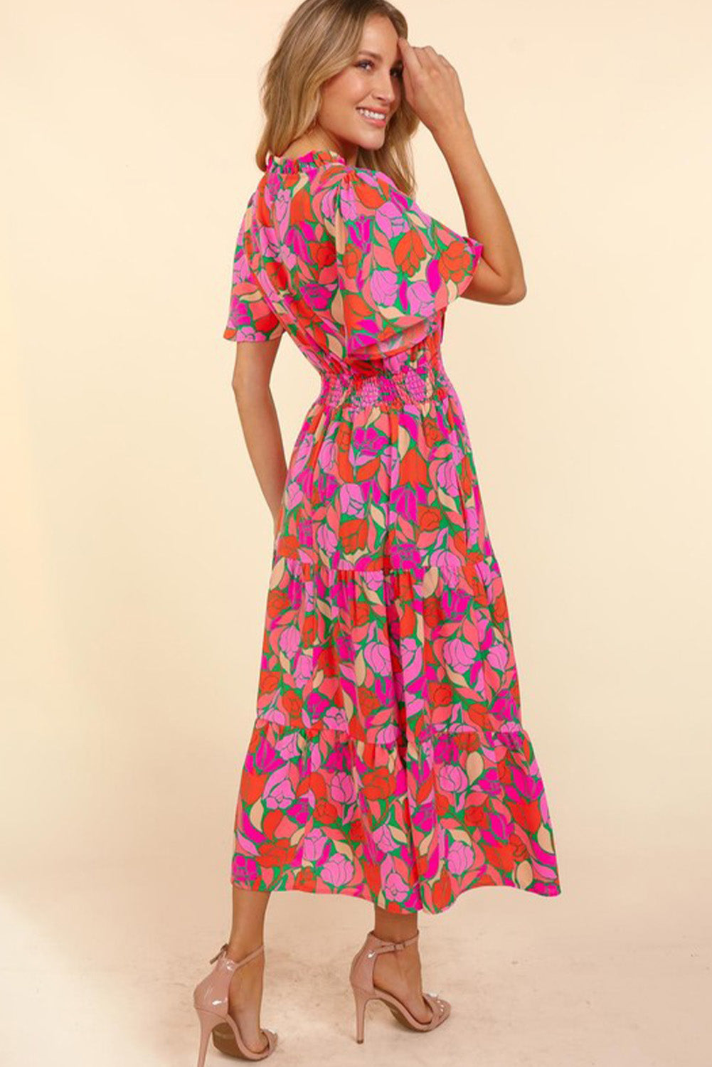 Rose Floral Short Sleeve Smocked Waist Maxi dress Dresses JT's Designer Fashion