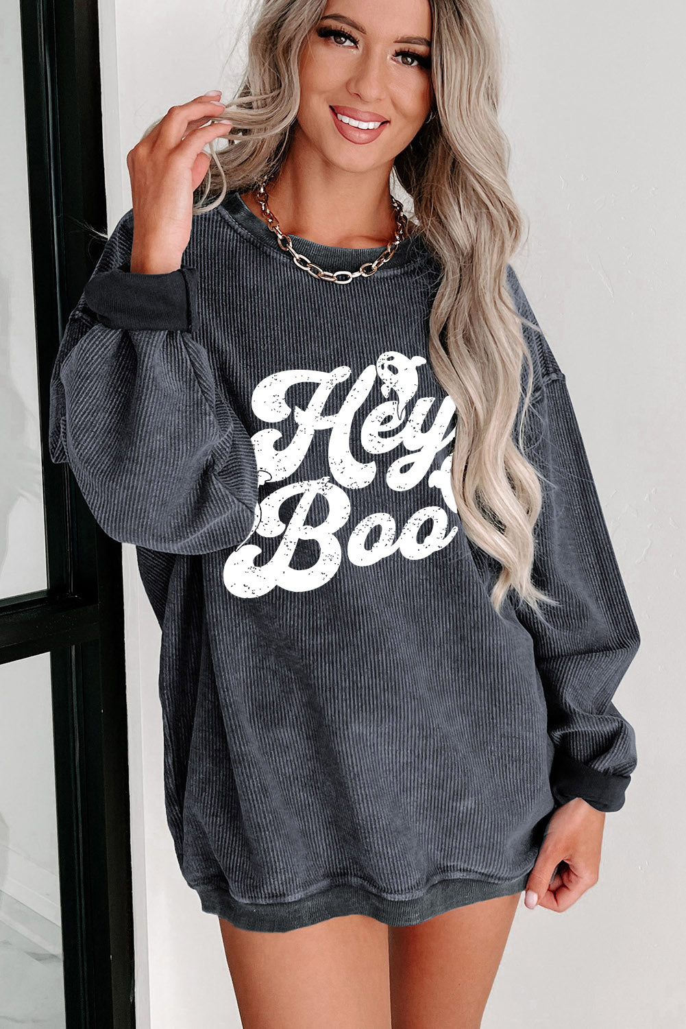 Gray Corded Hey Boo Ghost Graphic Drop Shoulder Halloween Sweatshirt Graphic Sweatshirts JT's Designer Fashion