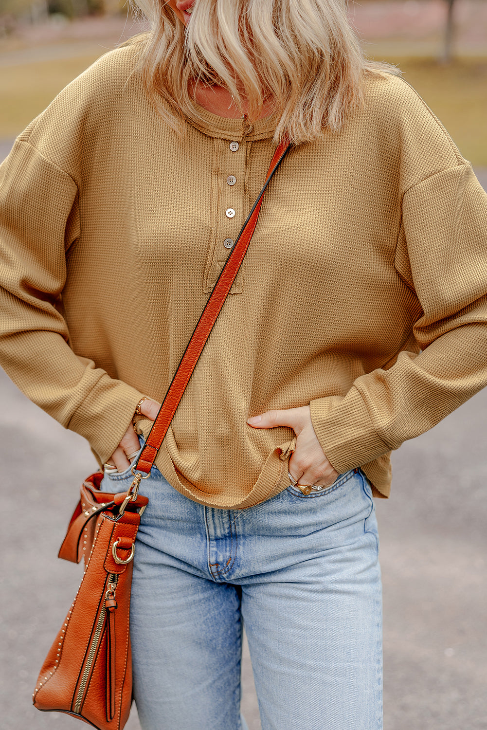 Camel Textured Knit Half Button Drop Shoulder Oversized Top Long Sleeve Tops JT's Designer Fashion