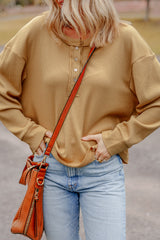 Camel Textured Knit Half Button Drop Shoulder Oversized Top Long Sleeve Tops JT's Designer Fashion