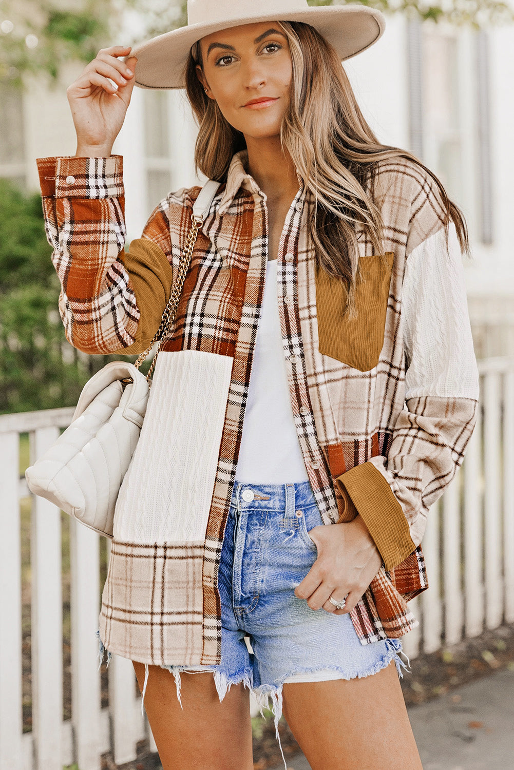Orange Plaid Color Block Patchwork Shirt Jacket with Pocket Orange 100%Polyester Plaid Shackets JT's Designer Fashion