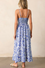 Sky Blue Floral Print Spaghetti Strap High Waist Maxi Dress Floral Dresses JT's Designer Fashion