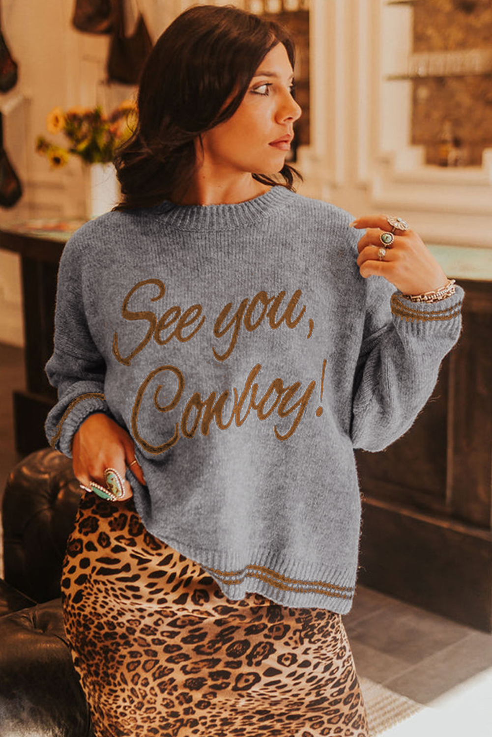 Light Grey See You Cowboy Embroidered Western Graphic Sweater Sweaters JT's Designer Fashion