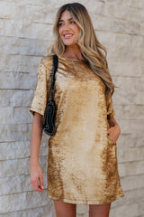Gold Metallic Luster Crewneck Mini T-Shirt Dress T Shirt Dresses JT's Designer Fashion