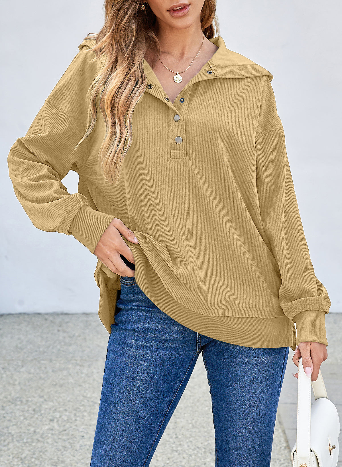 Simply Taupe Solid Ribbed Knit Buttoned Drop Shoulder Oversized Hoodie Sweatshirts & Hoodies JT's Designer Fashion