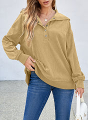 Simply Taupe Solid Ribbed Knit Buttoned Drop Shoulder Oversized Hoodie Sweatshirts & Hoodies JT's Designer Fashion