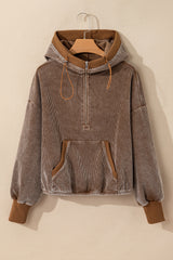 Chestnut Half Zipper Kangaroo Pocket Drawstring Corduroy Hoodie Sweatshirts & Hoodies JT's Designer Fashion