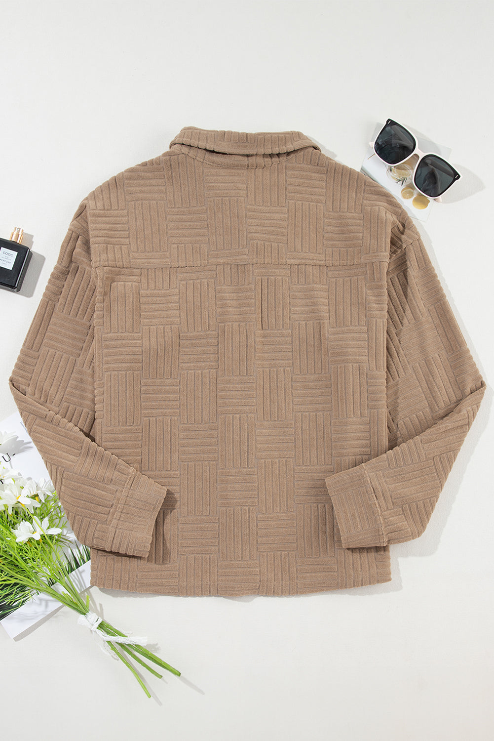 Dark Khaki Textured Chest Pocket Button-up Shacket Jackets JT's Designer Fashion